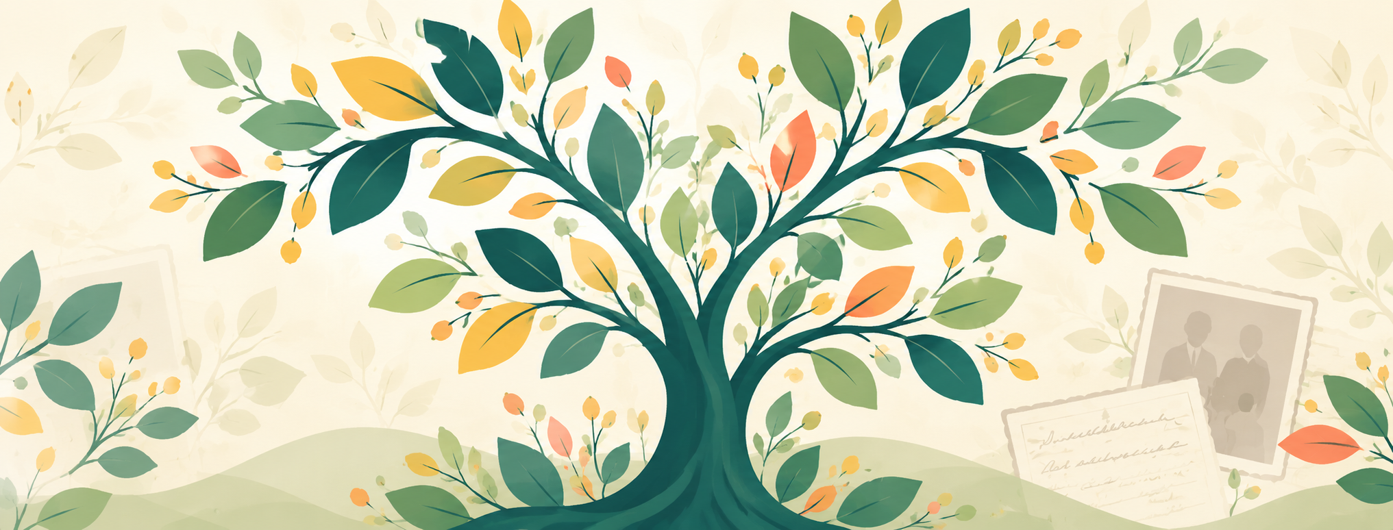 A colourful illustrated family tree with photographs and historic records